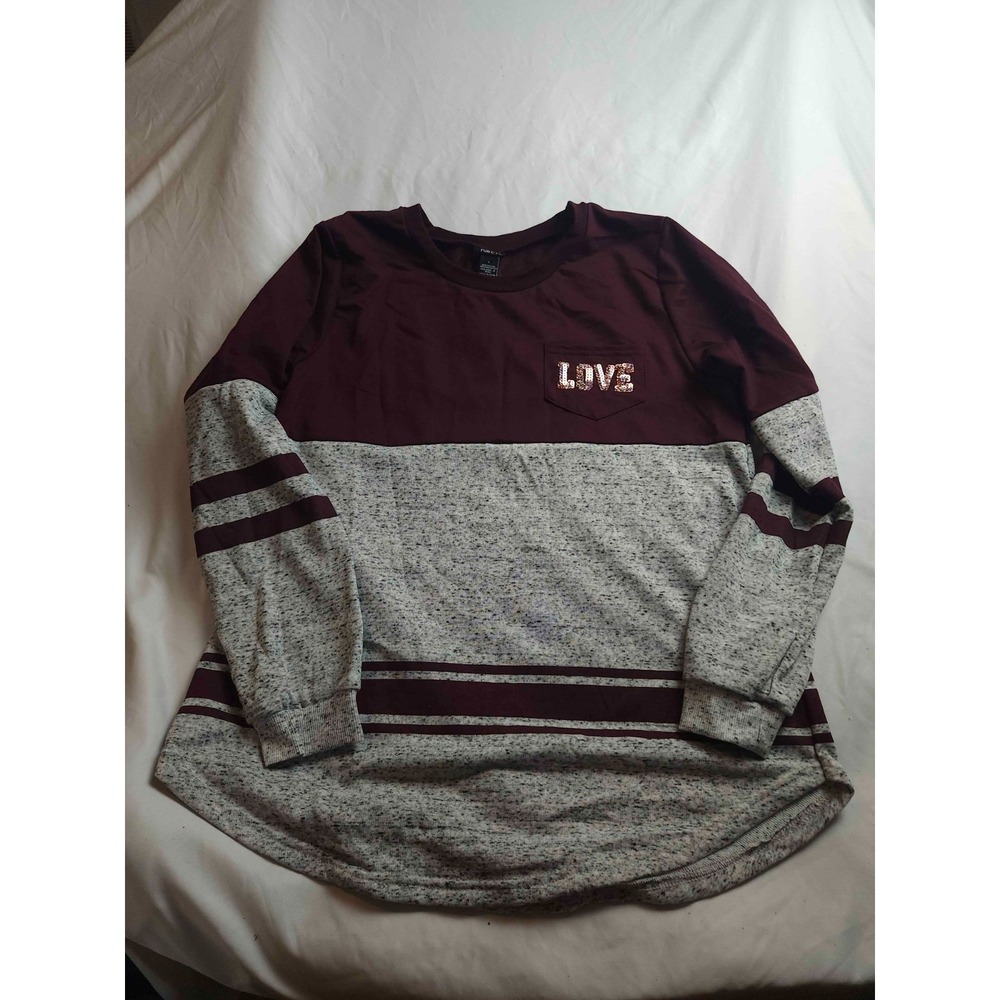 Rue21 Pullover Sweater Womens Large Burgundy Gray Knit Striped LOVE Embellished